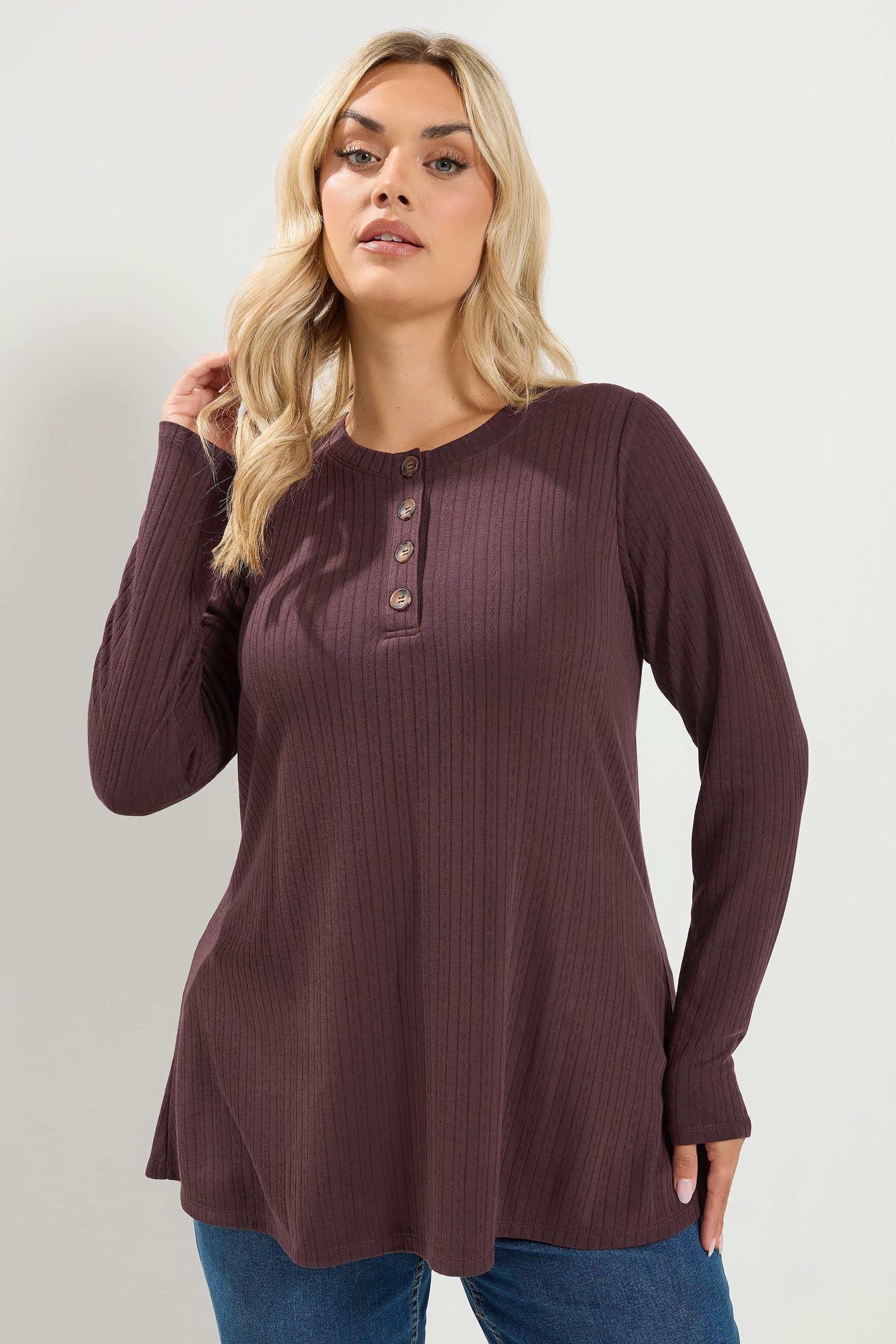 Yours Plus Size Chocolate Brown Pointelle Henley Top