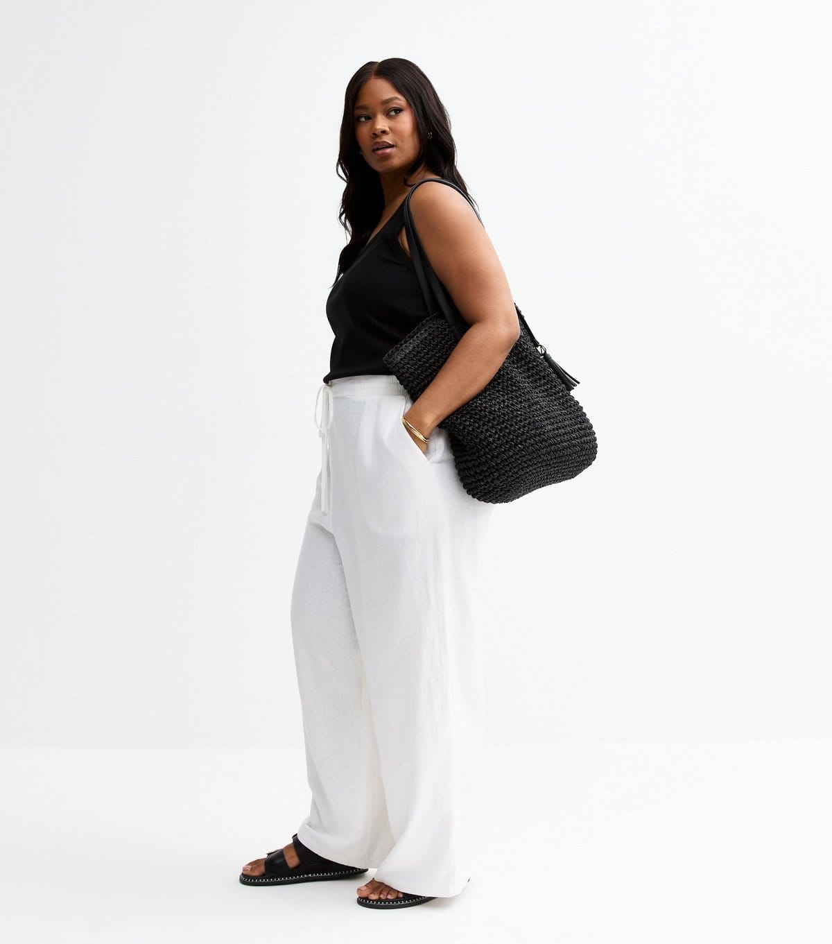 New Look Women's Plus Size White Linen Blend Wide Leg Trousers Curves New Look - 2