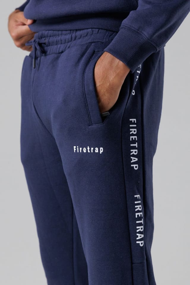 Firetrap Firetrap Men's Cotton Rich Brushed Fleece Joggers with Logo Strip Detail in Dark Navy - 3