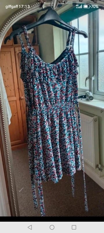 Vintage Dressing size small floral bust ruffle stretch frill bust strap mini summer dress