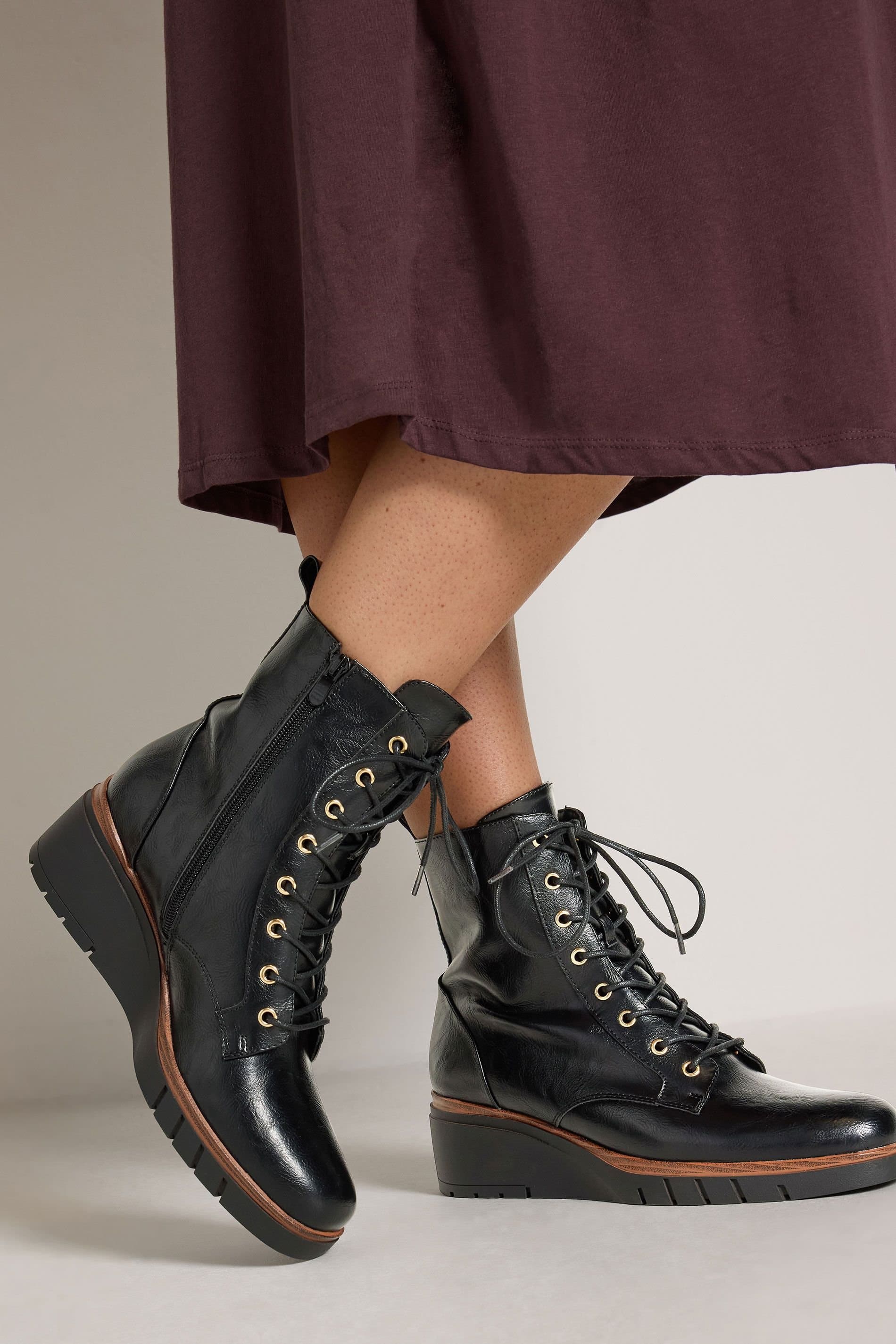 Yours Yours Women's Lace Up Wedge Boots In Wide E & Extra Wide EEE Fit in Black