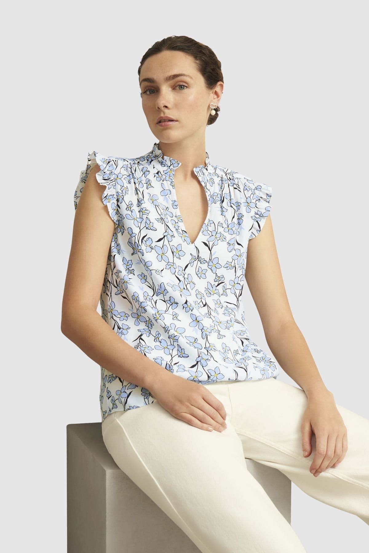 Hobbs London Baby Blue Floral Blouse with Mandarin Collar