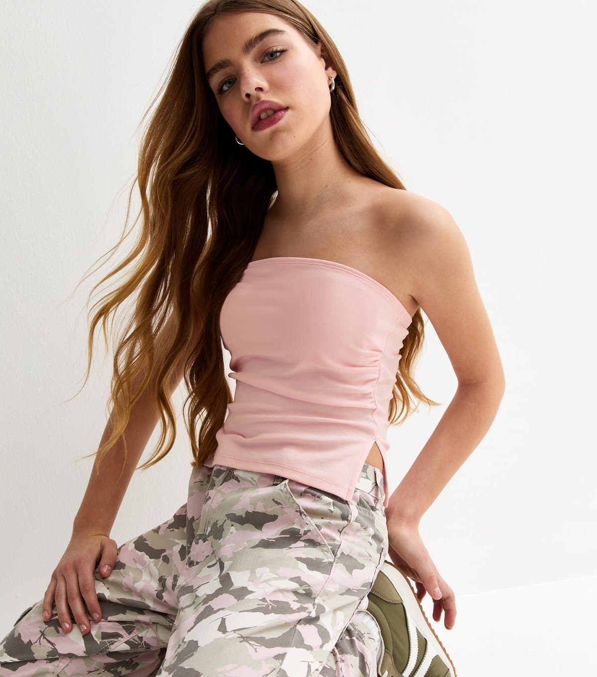 New Look Girls' Light Pink Asymmetric Ruched Side Bandeau Top New Look