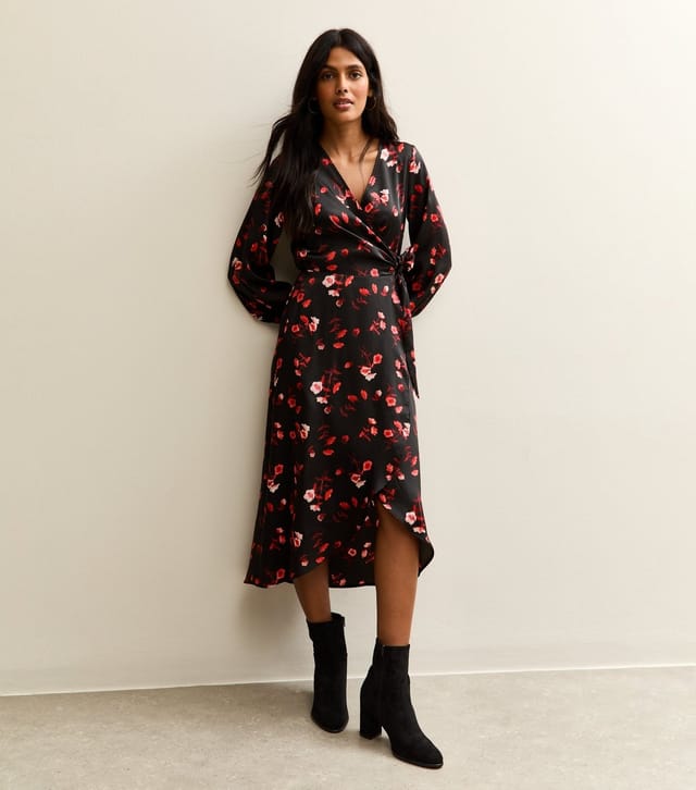 New Look Women's Black Floral Satin Wrap Midi Dress New Look - 3