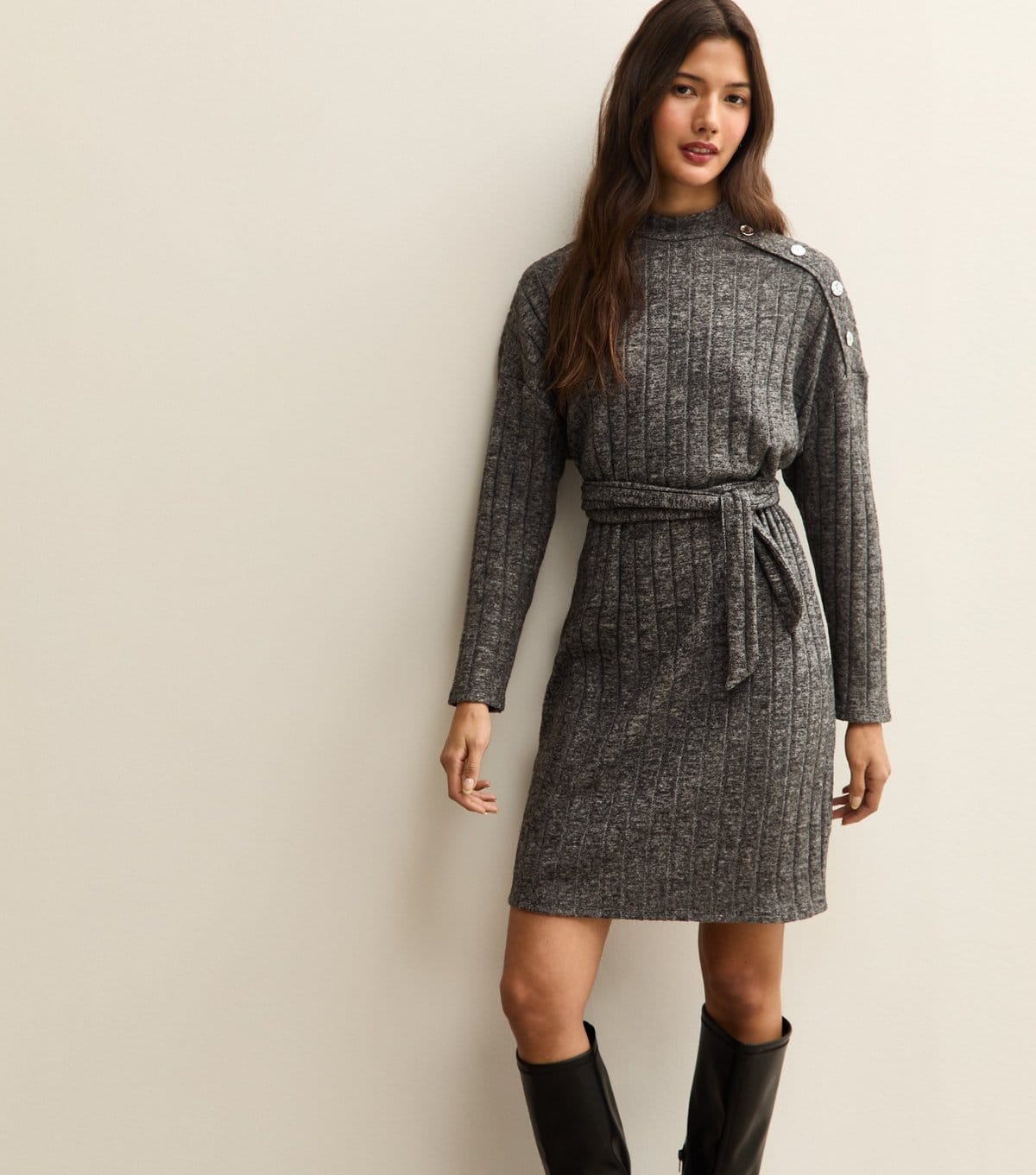 New Look Dark Grey Rib Buttoned Shoulder Mini Dress