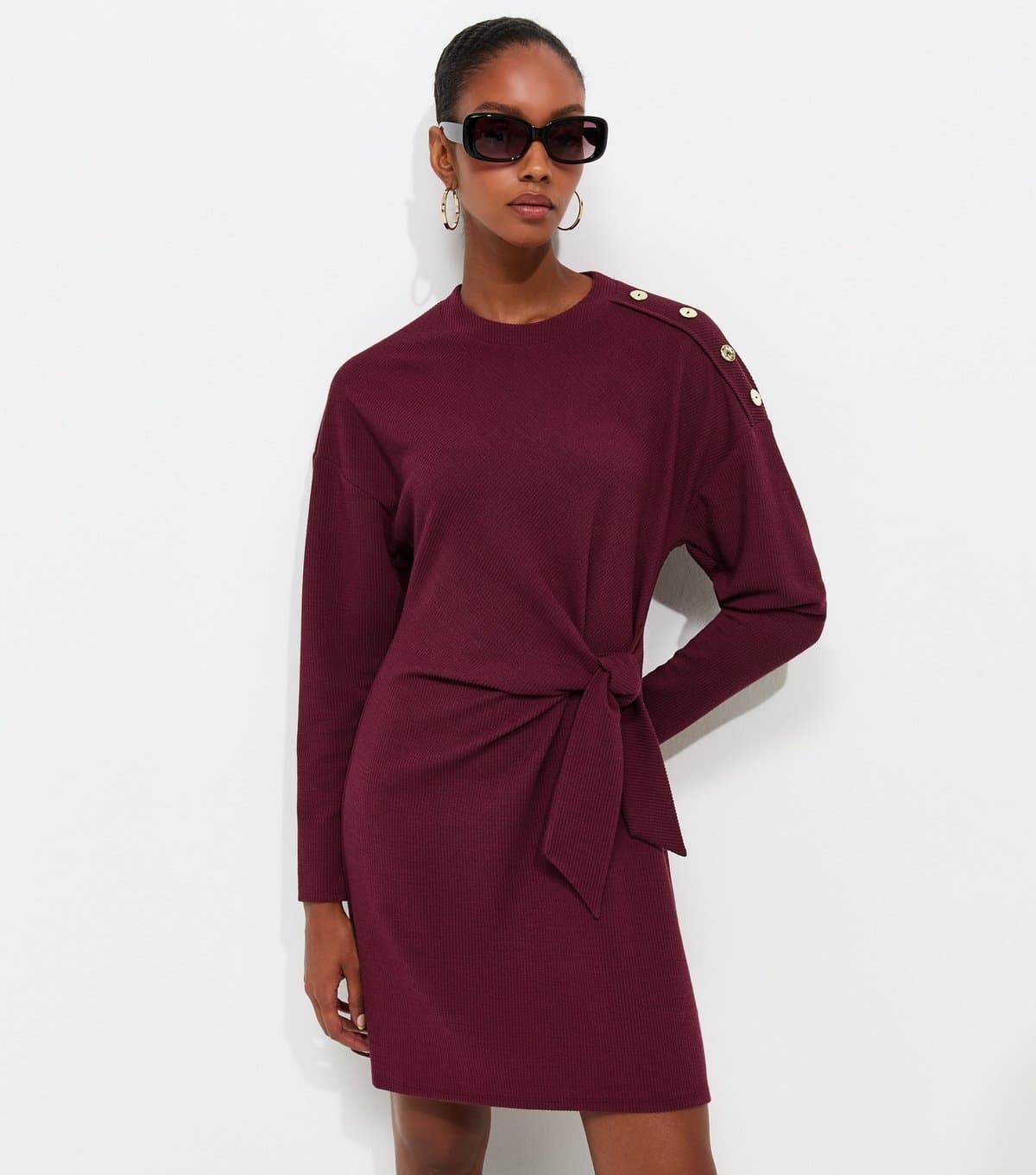 New Look Women's Dark Burgundy Ribbed Long Sleeve Mini Dress New Look