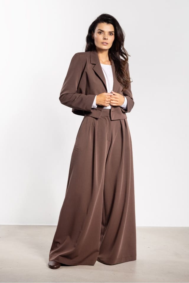 Love Lace Love Lace Women's High Waist Flared Wide Leg Trousers with Pockets in Brown - 2