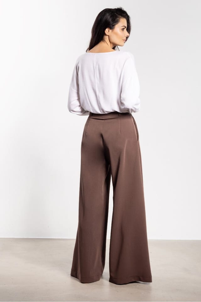 Love Lace Love Lace Women's High Waist Flared Wide Leg Trousers with Pockets in Brown - 3
