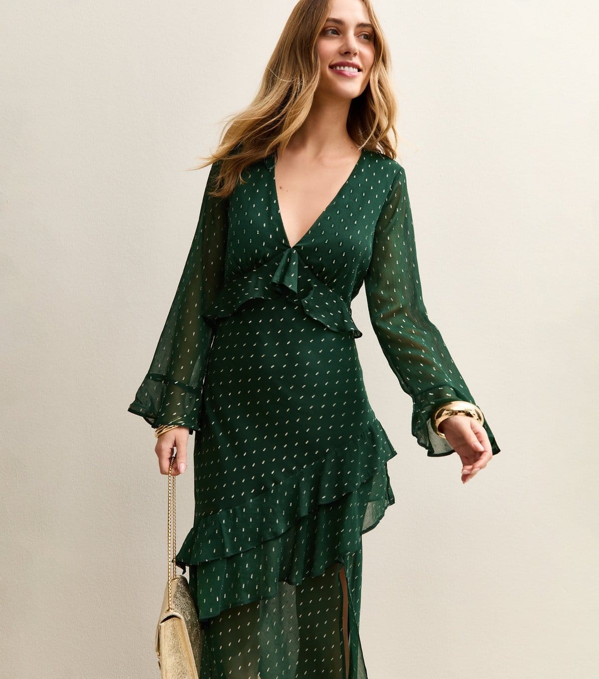 New Look Dark Green Foil Spot Ruffle Trim Midi Dress
