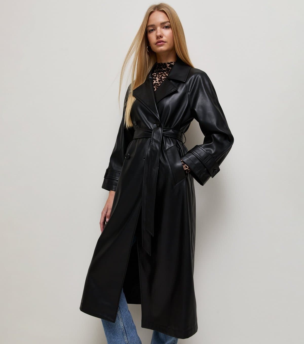 New Look Women's Black Faux Leather Longline Trench Coat New Look
