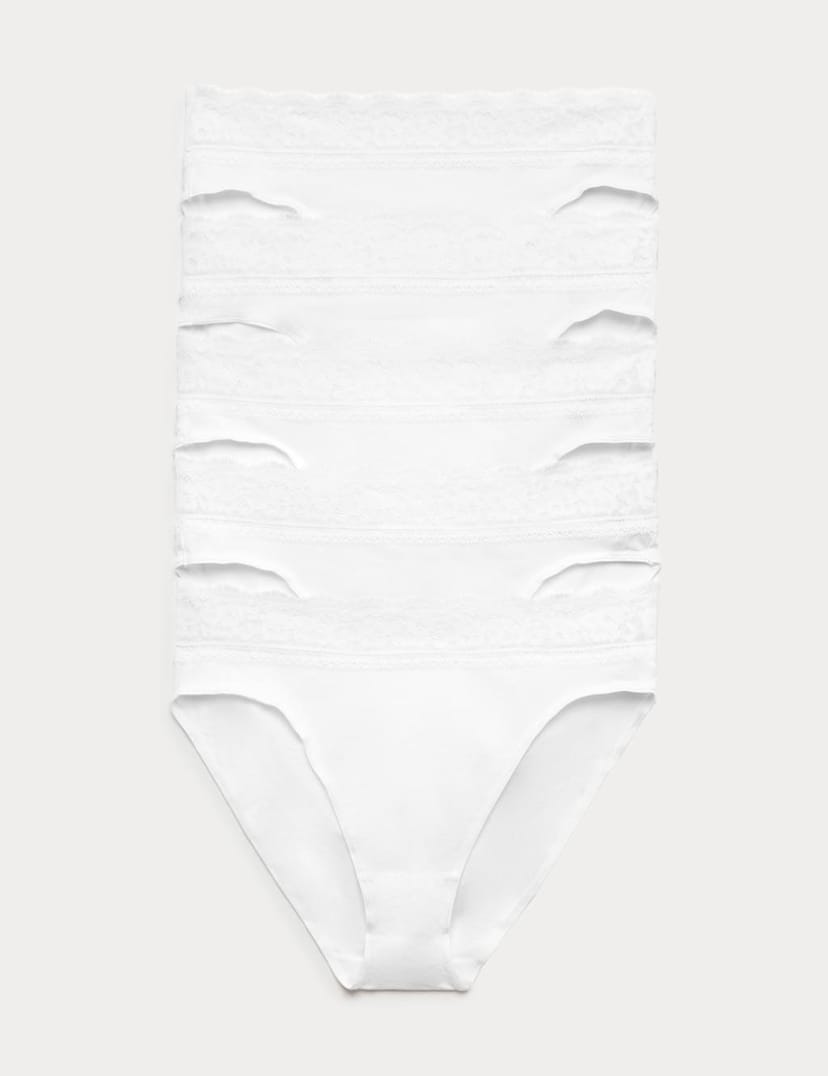 Marks & Spencer M&S 5pk Cotton Lycra® High Leg & Lace Knickers White - 1