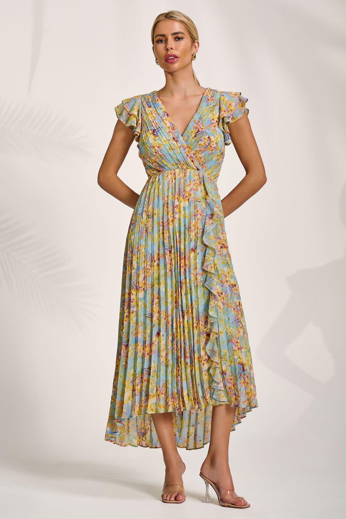 Jolie Moi Jolie Moi Women's Pleated Chiffon Dip Hem Maxi Dress in Light Blue