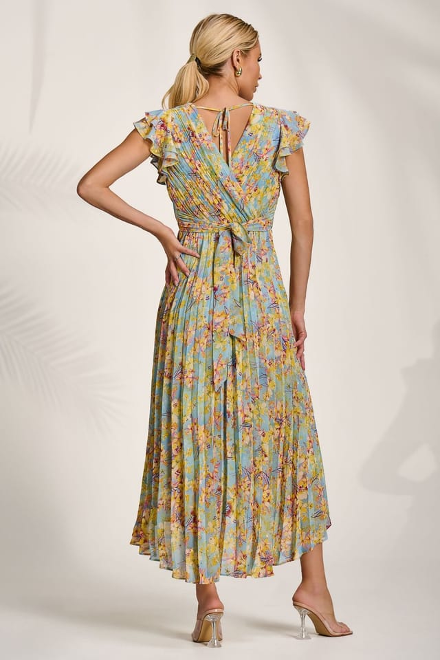 Jolie Moi Jolie Moi Women's Pleated Chiffon Dip Hem Maxi Dress in Light Blue - 2