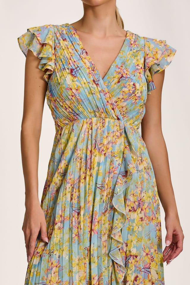 Jolie Moi Jolie Moi Women's Pleated Chiffon Dip Hem Maxi Dress in Light Blue - 3