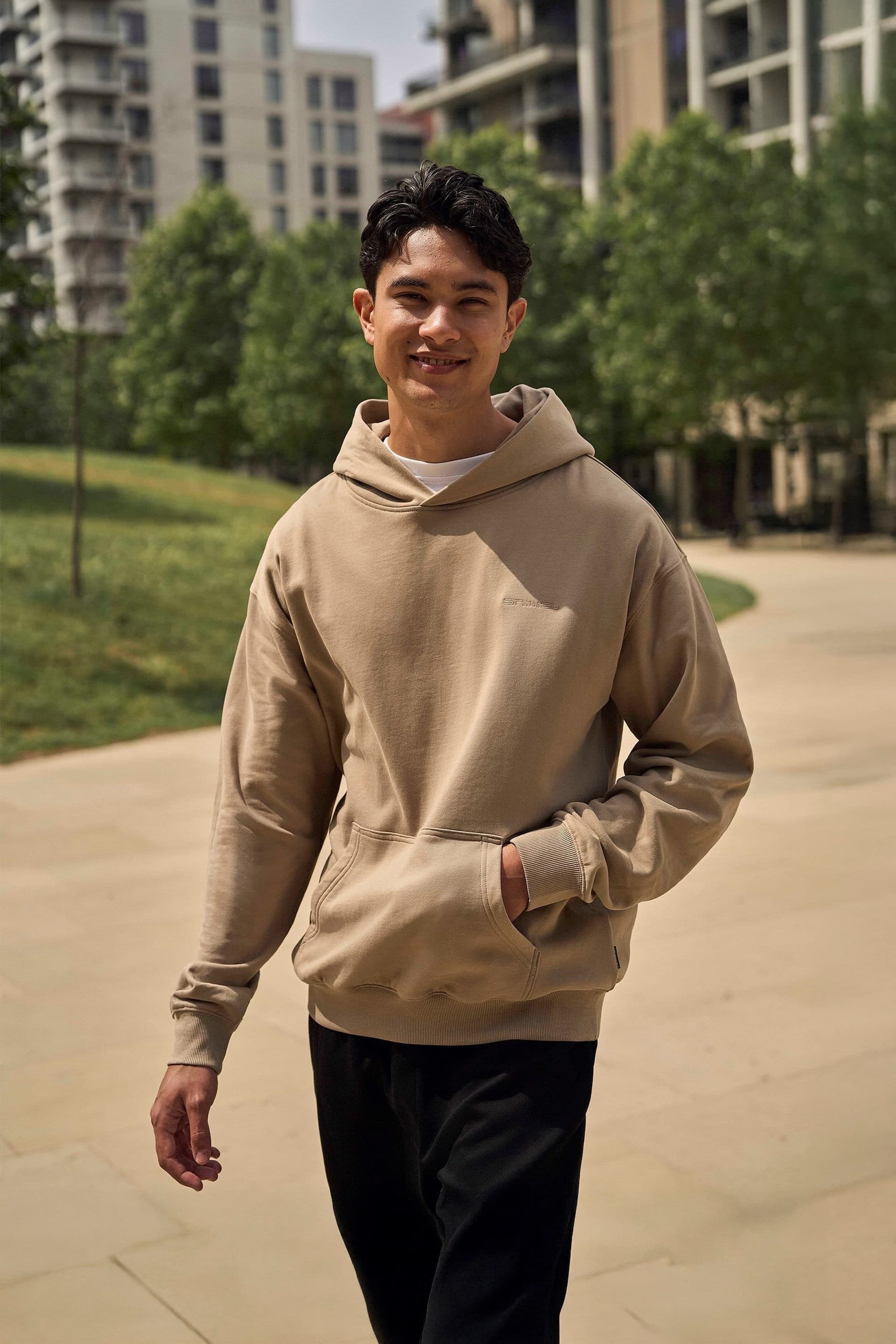 Animal Animal Men's 'Icon' Logo Print Kangaroo Pocket Cotton Snug Fit Drop Shoulder Hoody in Light Beige