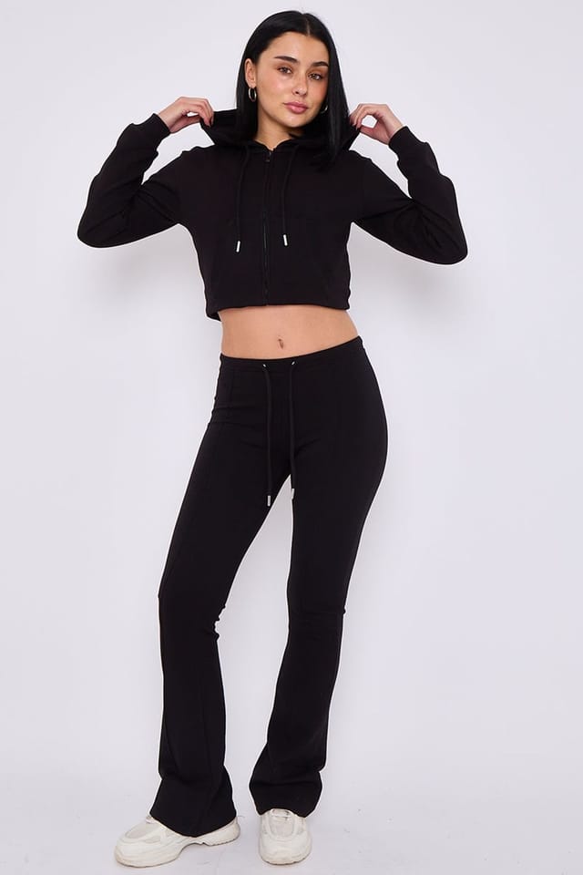 STYLEWISE STYLEWISE Women's Cropped Zip Hoodie & Flared Trouser Set - Interlock - Co-ord Set in Black - 2