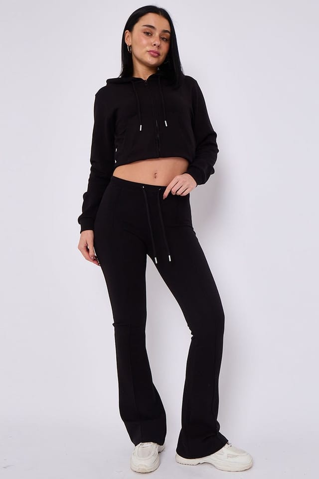 STYLEWISE STYLEWISE Women's Cropped Zip Hoodie & Flared Trouser Set - Interlock - Co-ord Set in Black - 3