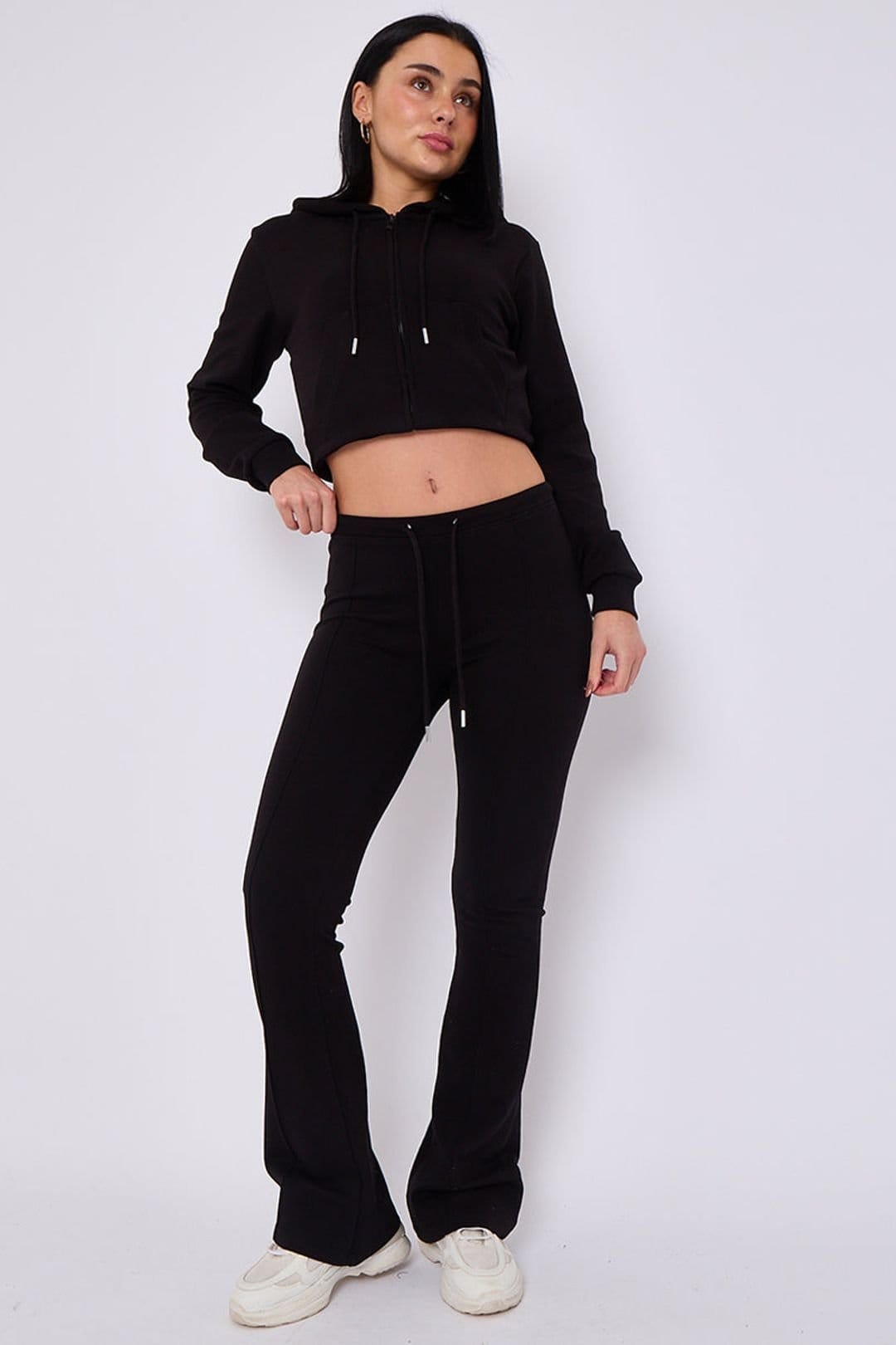 STYLEWISE STYLEWISE Women's Cropped Zip Hoodie & Flared Trouser Set - Interlock - Co-ord Set in Black - 4