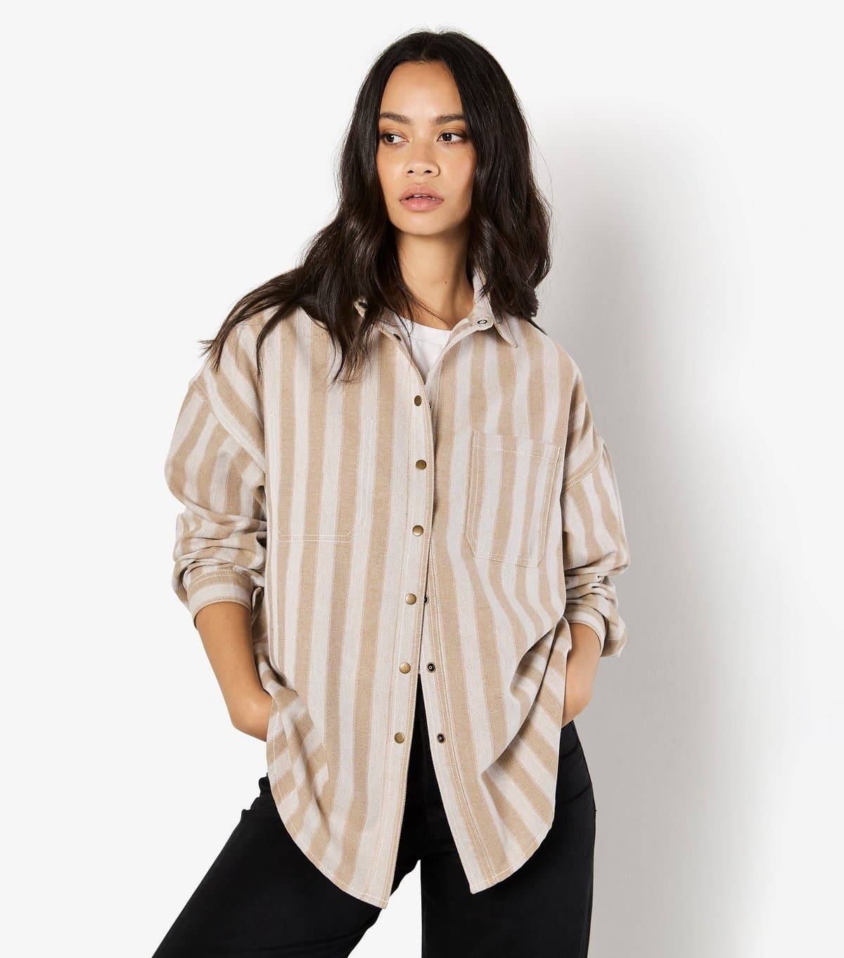 Apricot Women's Stone Oversized Striped Shirt Apricot New Look