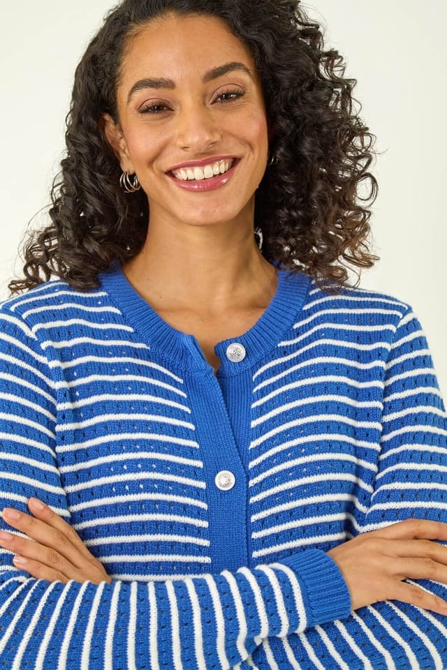 Dusk Dusk Women's Stripe Button Knit Cardigan in Blue - 2