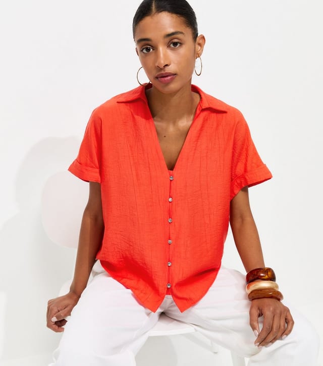 New Look Women's Bright Red Crinkled Short Sleeve Shirt New Look - 3