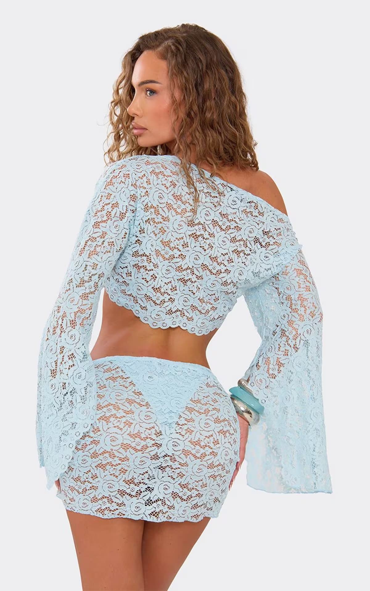 EGO Off The Shoulder Flared Sleeve Asymmetric Top In Blue Lace, Women's Size UK 6