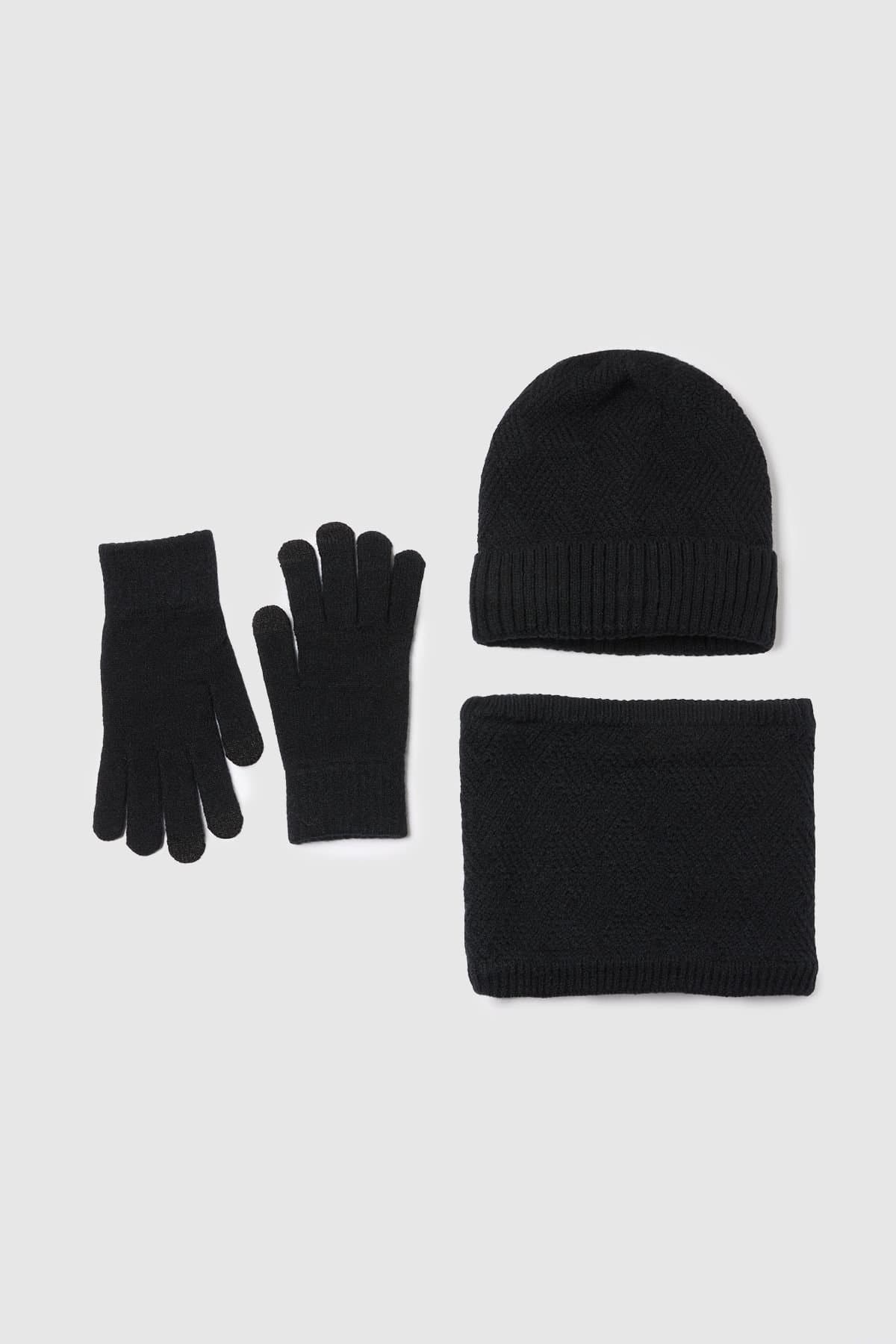 Maine Maine Men's Black Knitted Diamond Stitch Beanie, Neck Warmer & Gloves Set