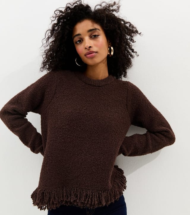 New Look Women's Dark Brown Boucle Fringe Hem Jumper New Look - 2