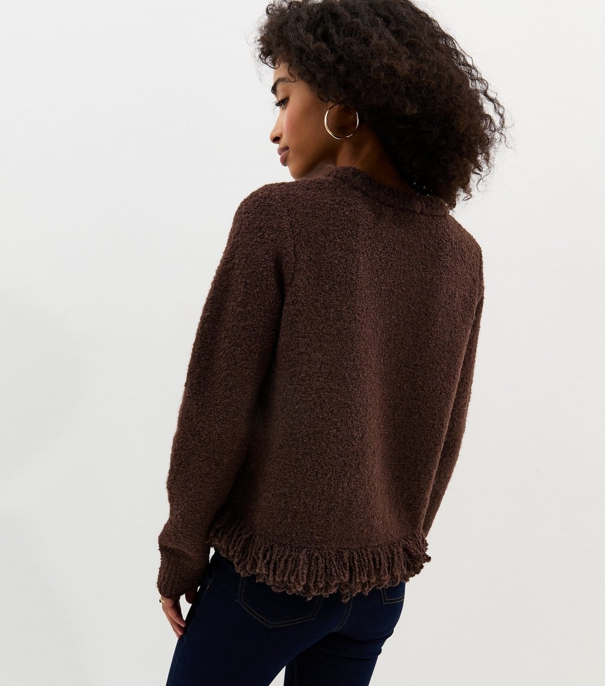 New Look Women's Dark Brown Boucle Fringe Hem Jumper New Look - 4