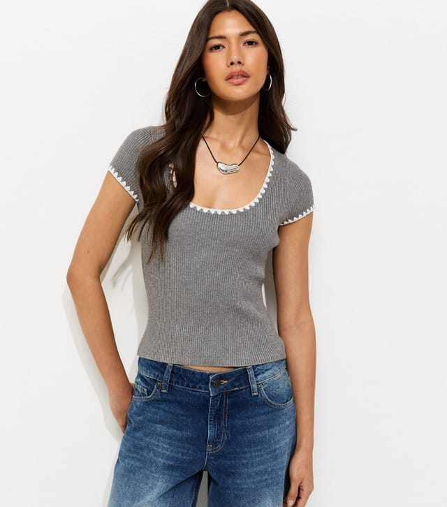 New Look Women's Dark Grey Ribbed Blanket Stitch Trim T-Shirt New Look - 2