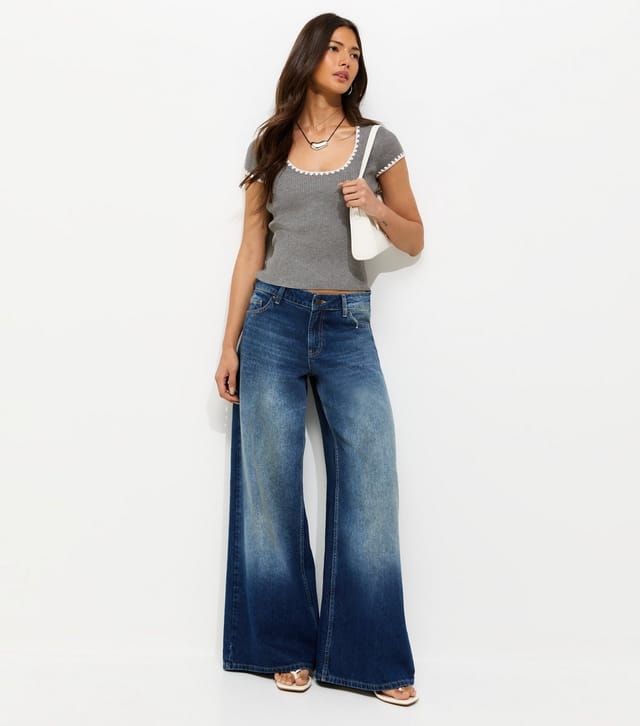 New Look Women's Dark Grey Ribbed Blanket Stitch Trim T-Shirt New Look - 3
