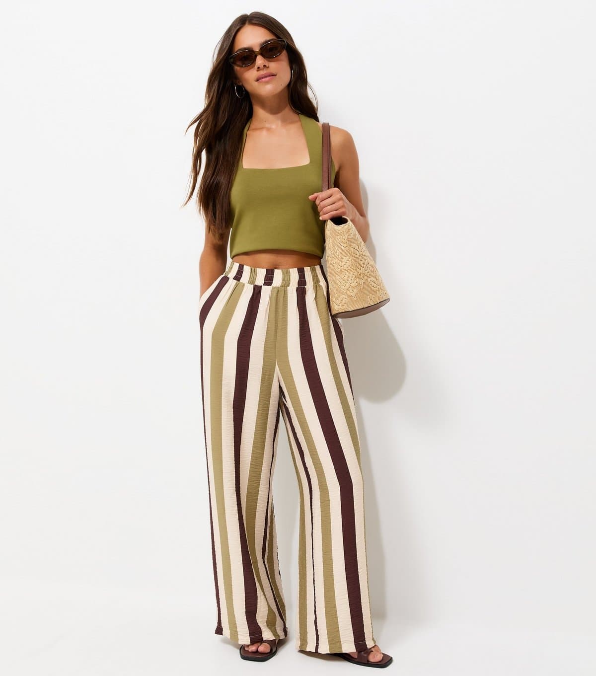New Look Women's Petite Green Striped Wide Leg Trousers New Look