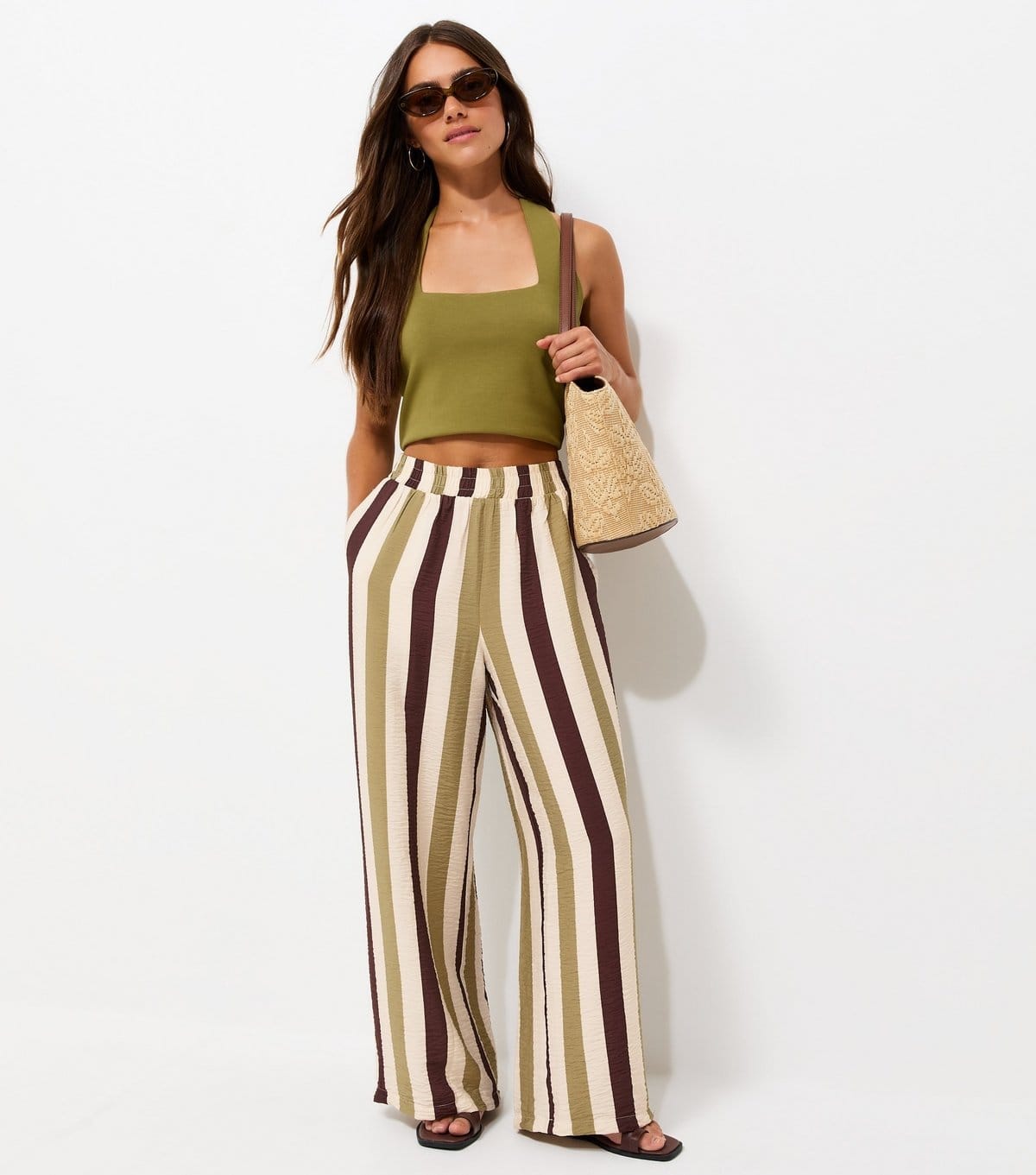 New Look Green Striped Wide Leg Trousers For Petite