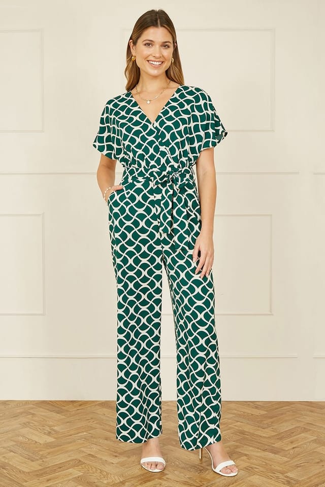 Yumi Yumi Women's Green Geometric Print Wrap Jumpsuit - 2