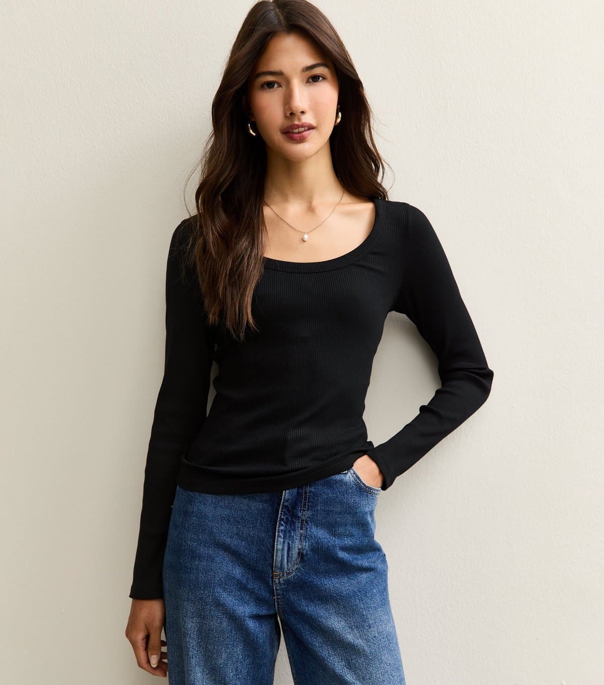 New Look Women's Black Scoop Neck Long Sleeve Ribbed Top New Look