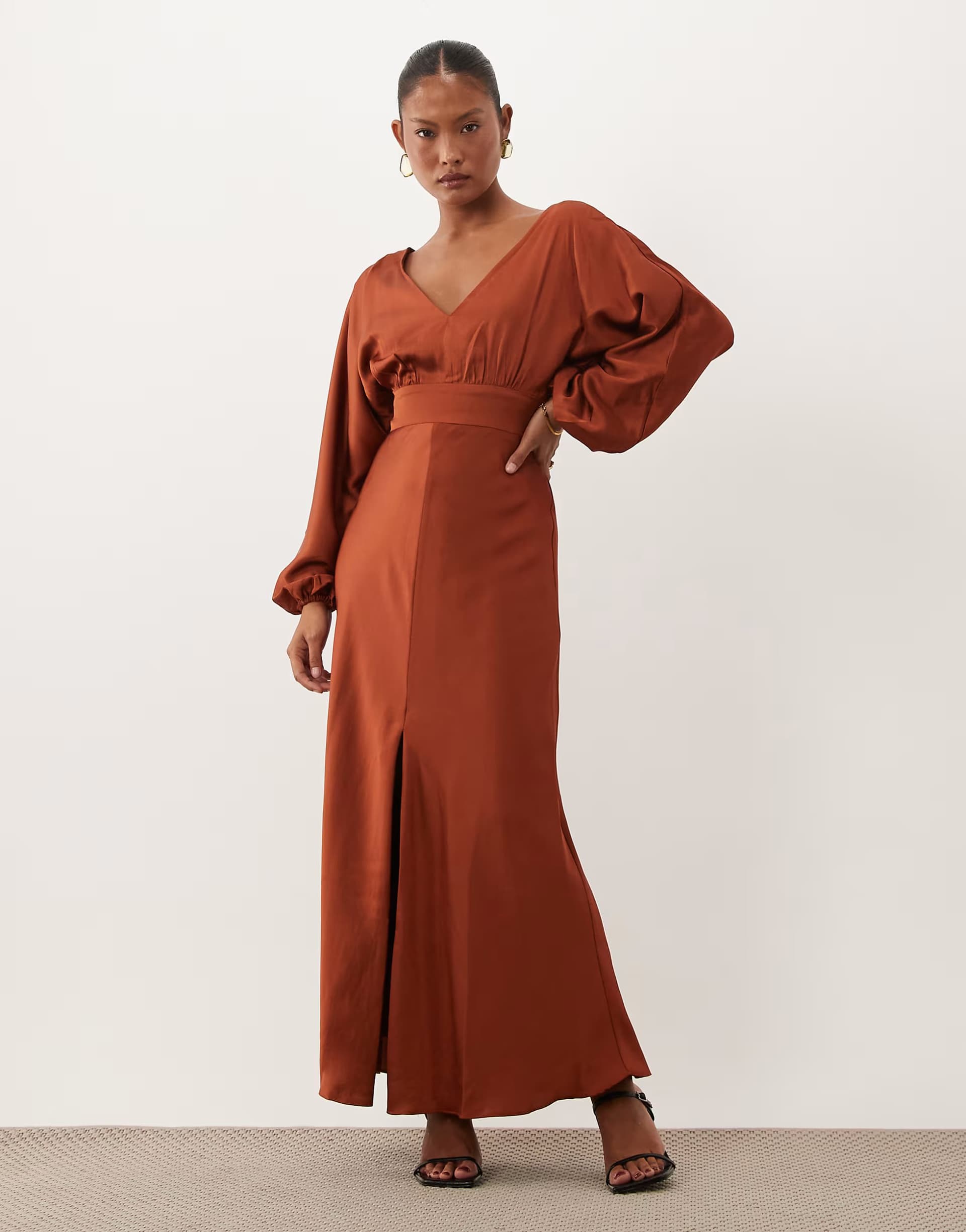 ASOS Forever New Petite satin v neck batwing slit front maxi dress in rust