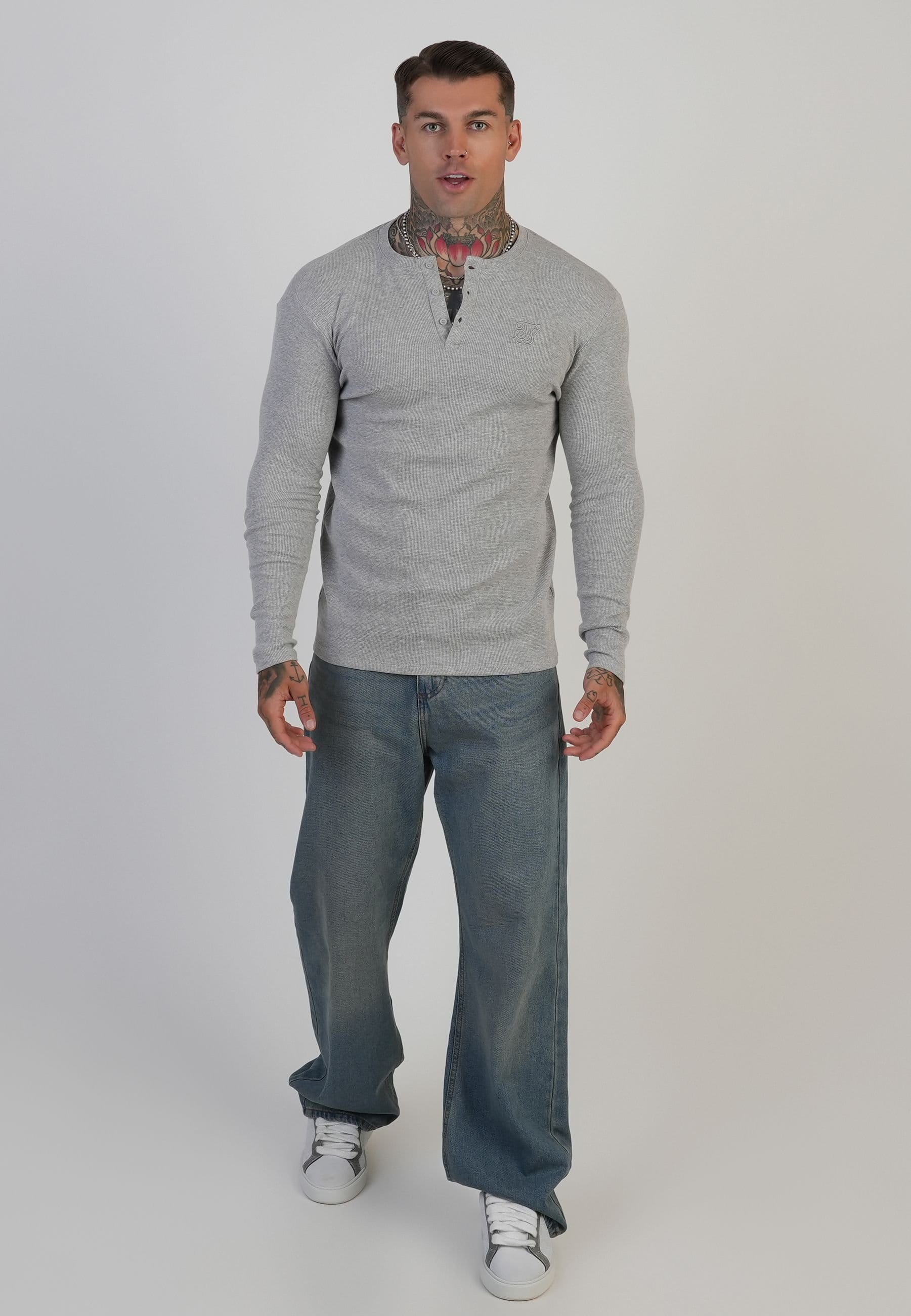 SikSilk SikSilk Men's Henley T-Shirt in Grey - 4
