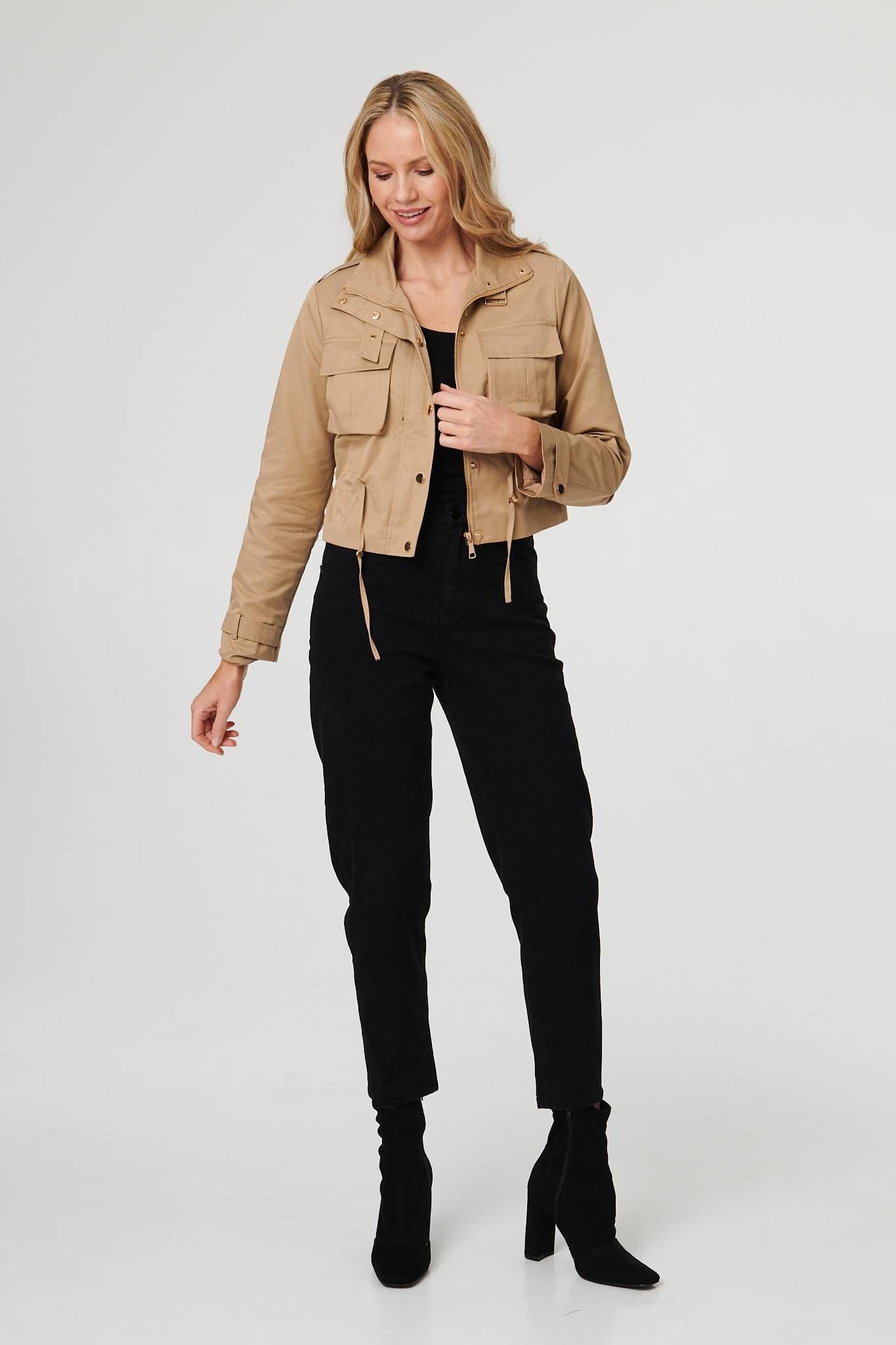 Izabel London Izabel London Women's Buckled Pocket Detail Cropped Jacket in Beige - 4