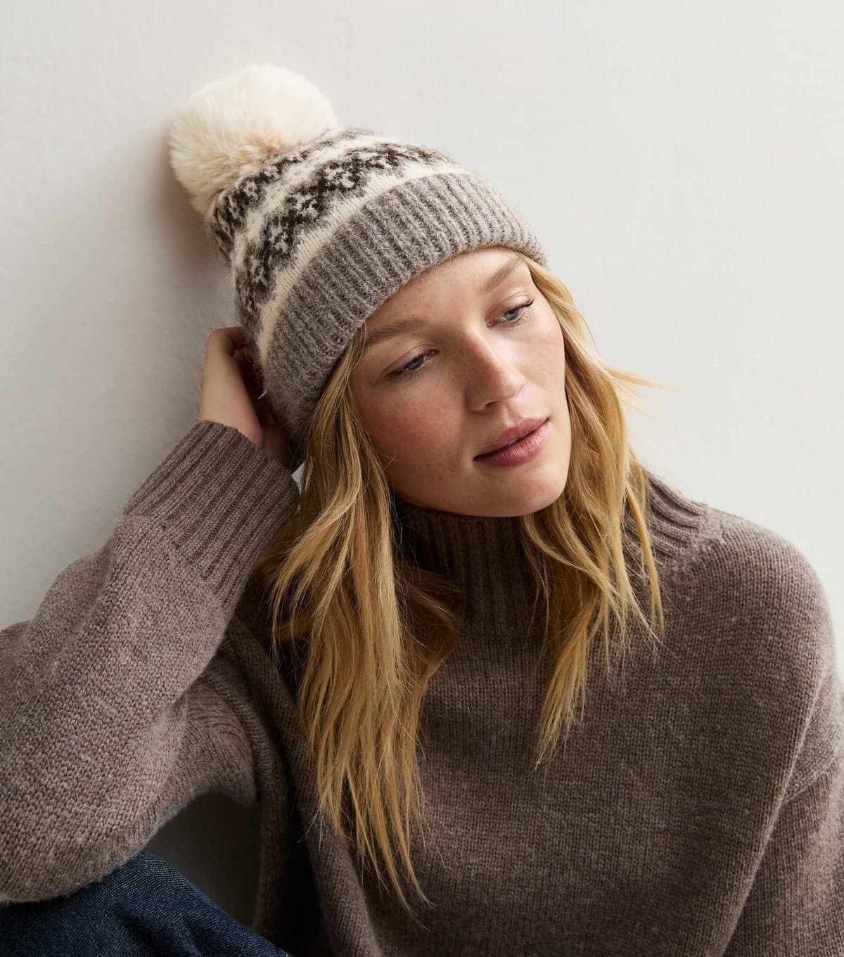 New Look Brown Fair Isle Knit Faux Fur Pom Pom Hat New Look