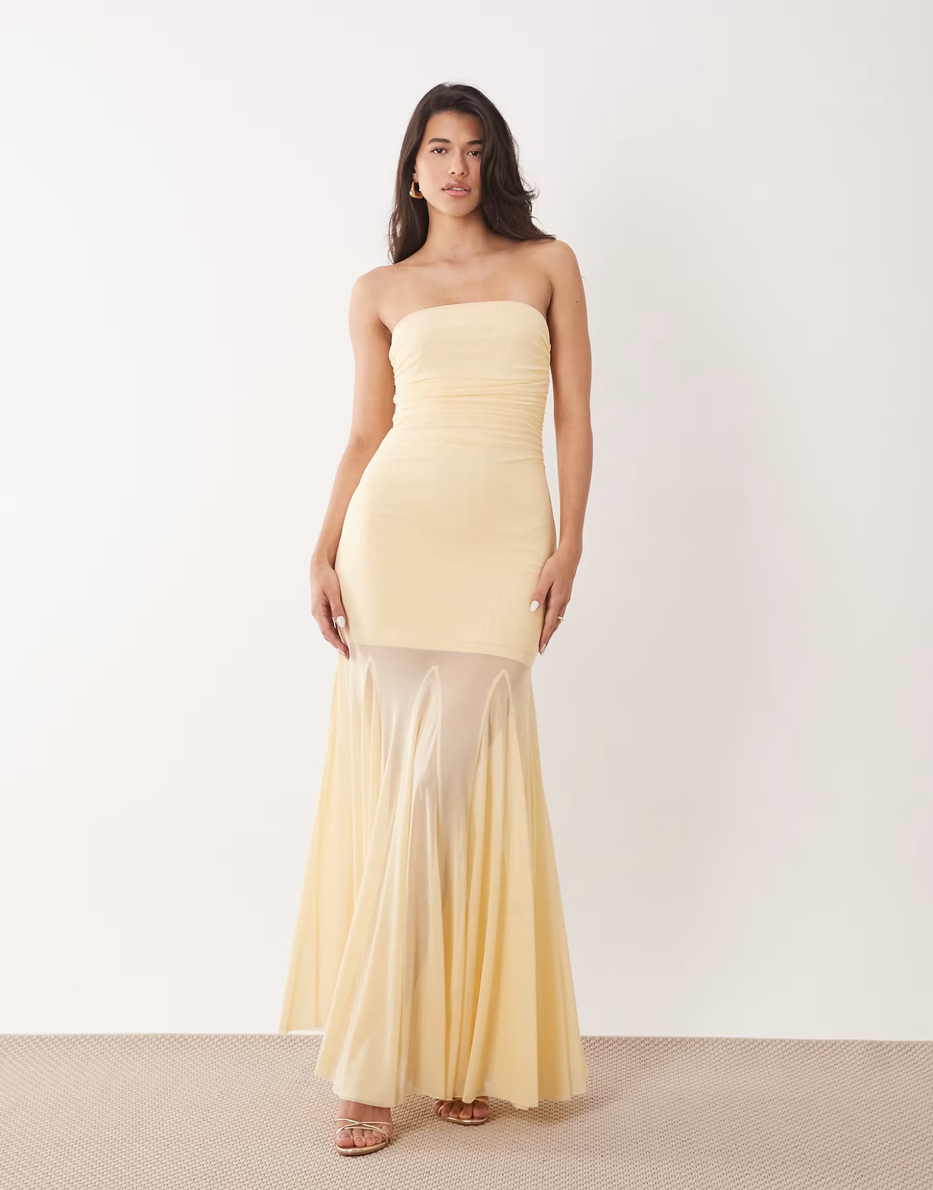 ASOS Aria Cove liquid chiffon bandeau ruched detail sheer hem maxi dress in lemon