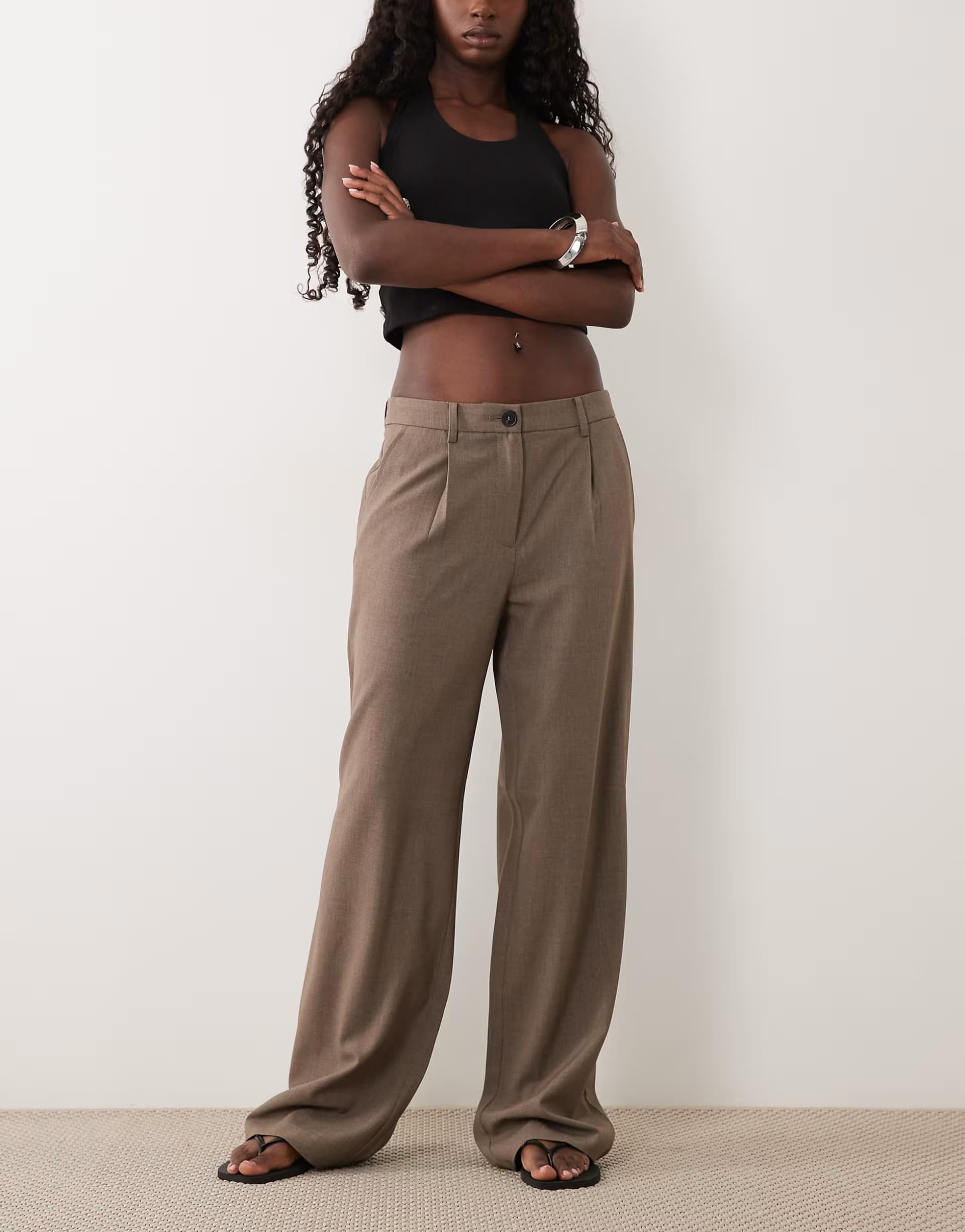 ASOS Vila wide leg pleated tailored trousers in falcon melange