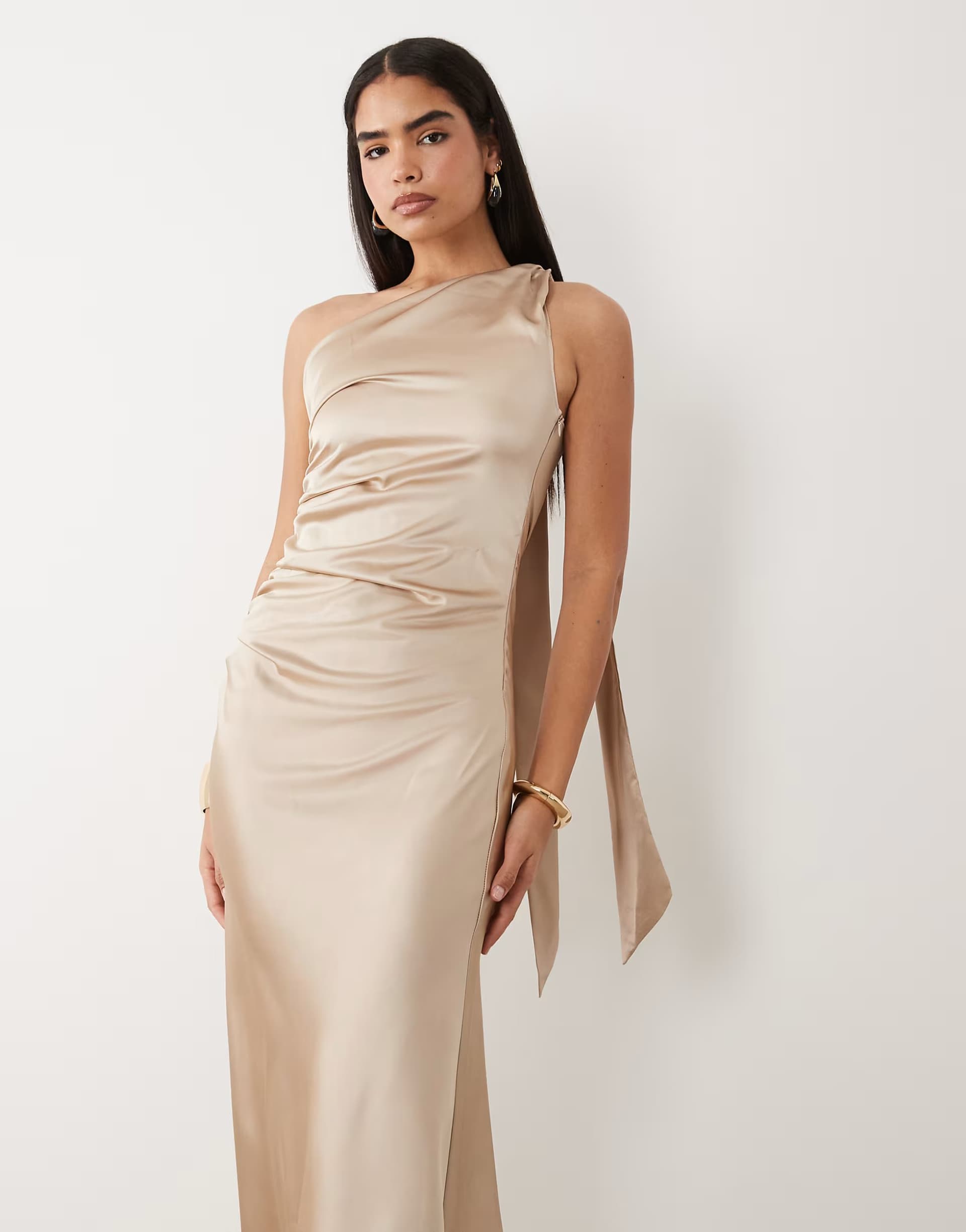ASOS Aria Cove satin drape twist shoulder maxi dress in champagne