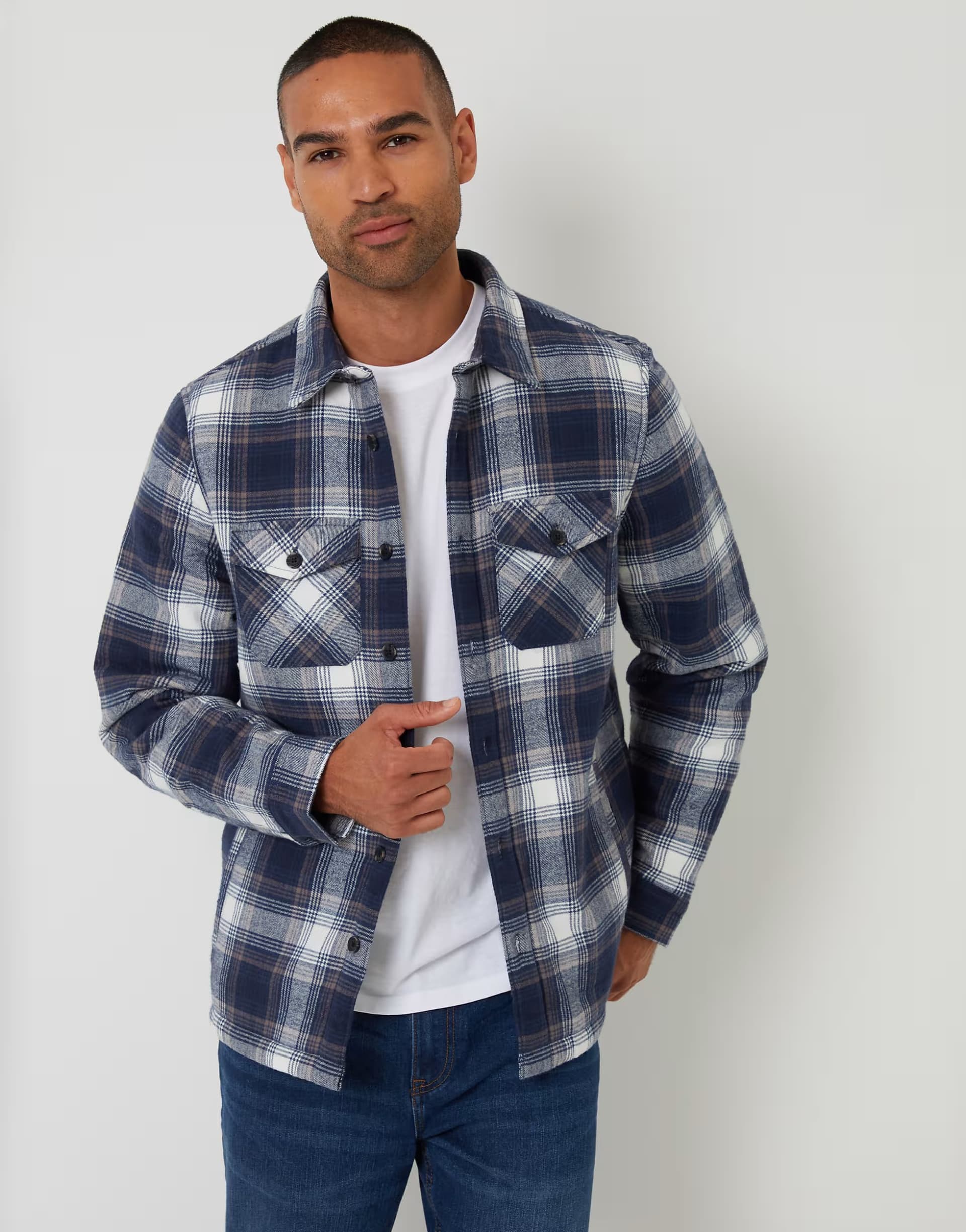 ASOS Threadbare Check brushed borg lined shacket in navy
