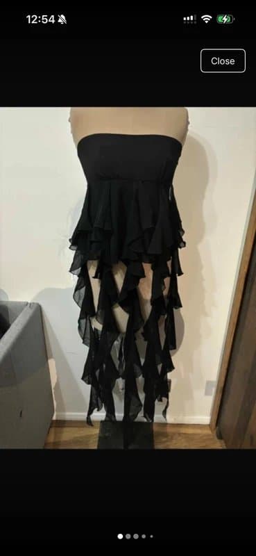ASOS Design exaggerated waterfall ruffle top in black hanging frill bandeau strapless festival going out size 10