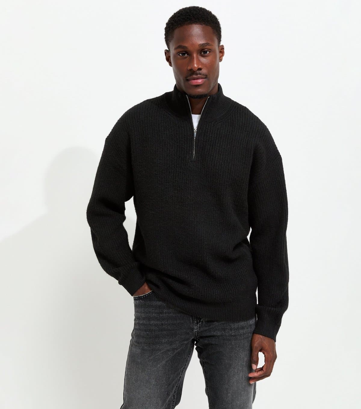 New Look Men's Black Regular Fit Ribbed Knit Quarter Zip Funnel Neck Jumper New Look
