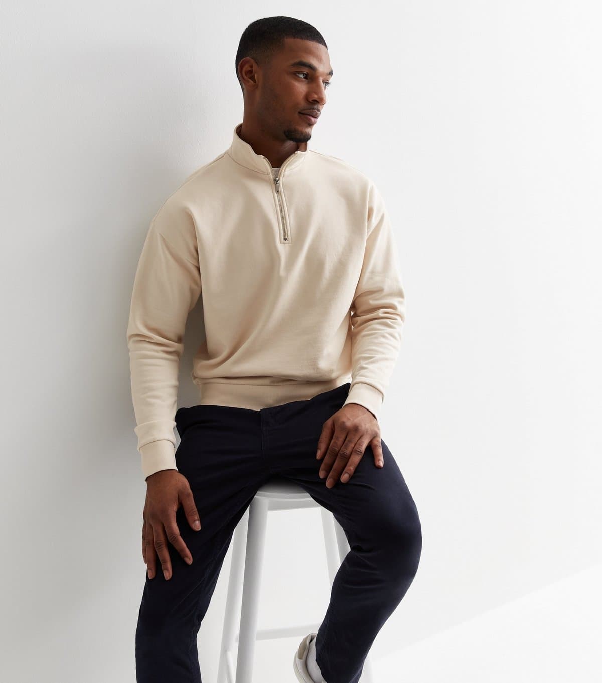 New Look Men's Off White Relaxed Quarter Zip Sweatshirt New Look