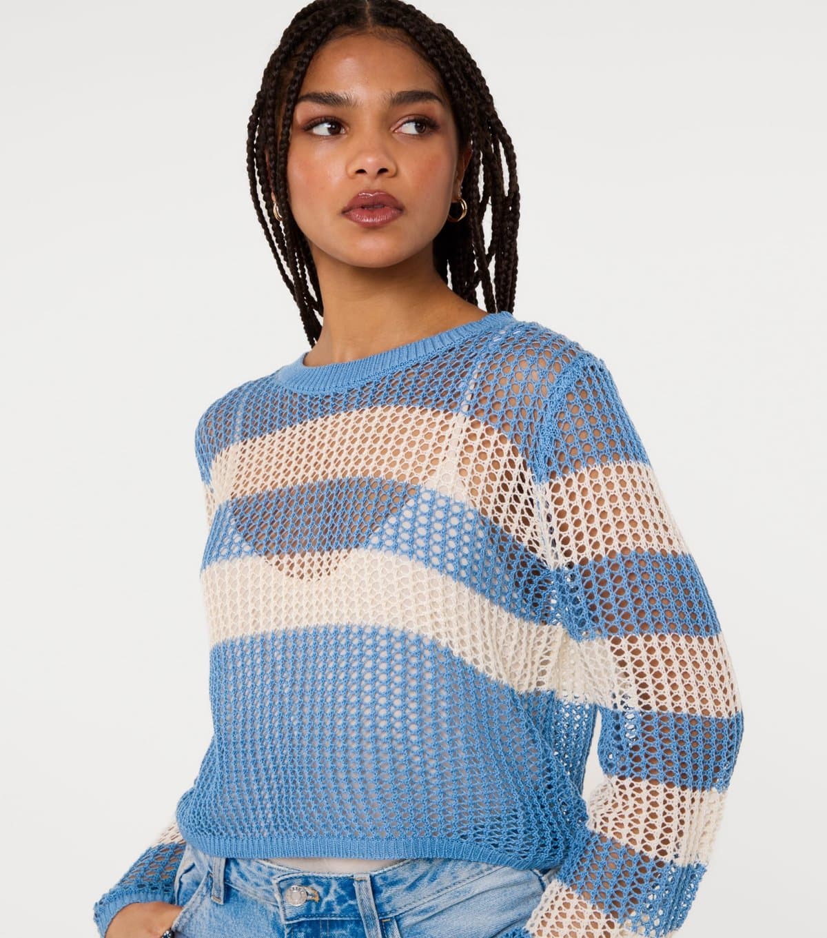 Pink Vanilla Women's Blue Striped Crochet Jumper Pink Vanilla New Look