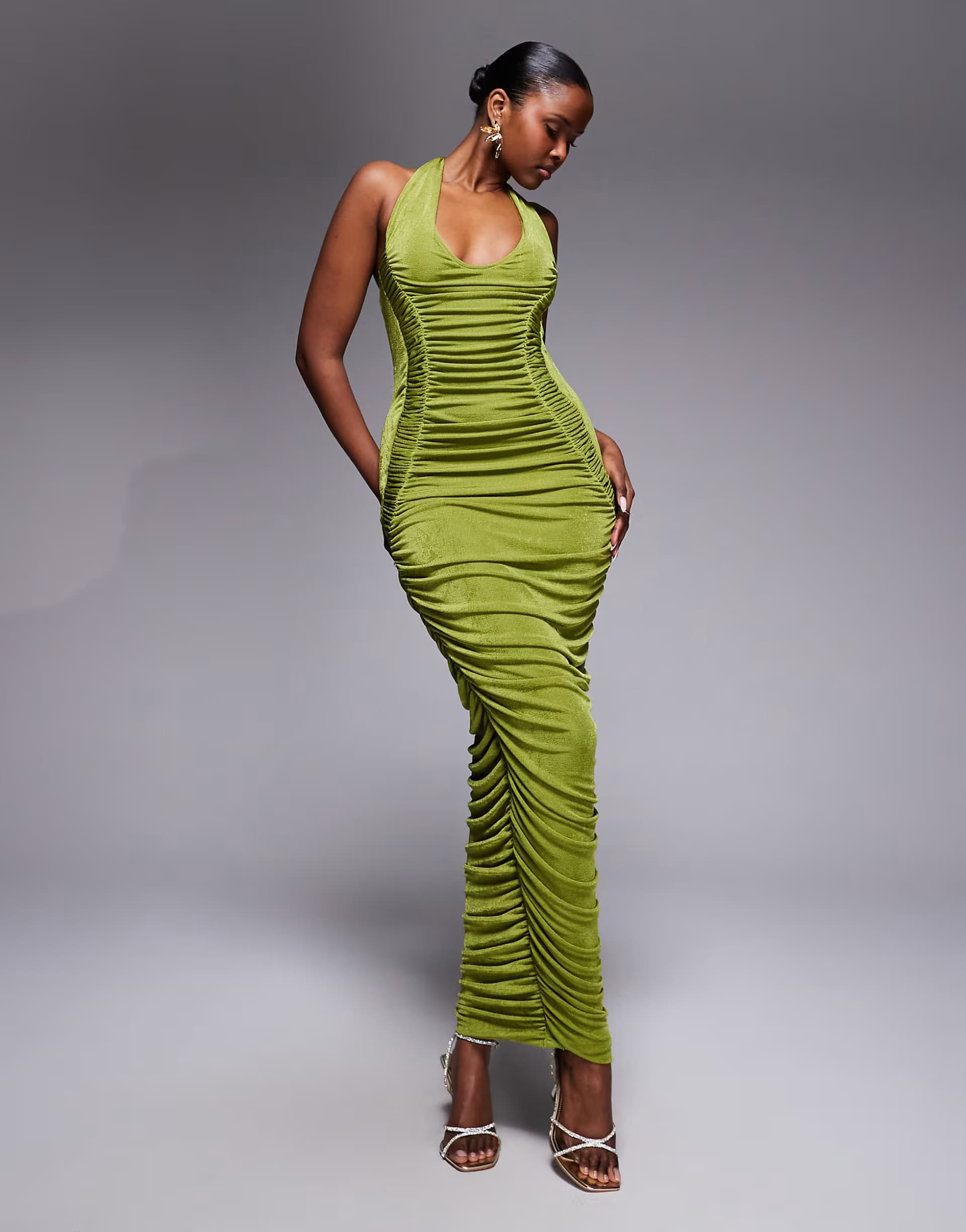 ASOS Ruched & Ready sculpting drape hip scoop neck maxi dress in khaki