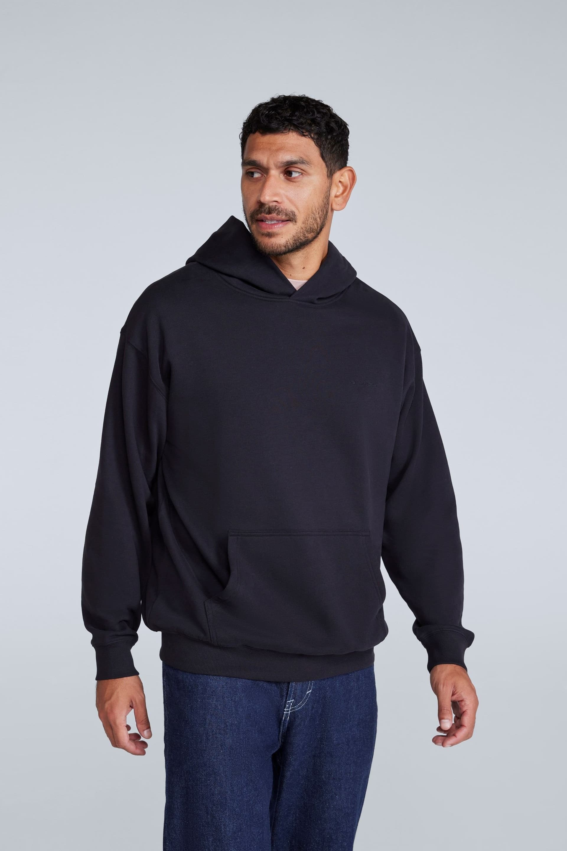 Animal Animal Men's 'Icon' Logo Print Kangaroo Pocket Cotton Snug Fit Drop Shoulder Hoody in Jet Black