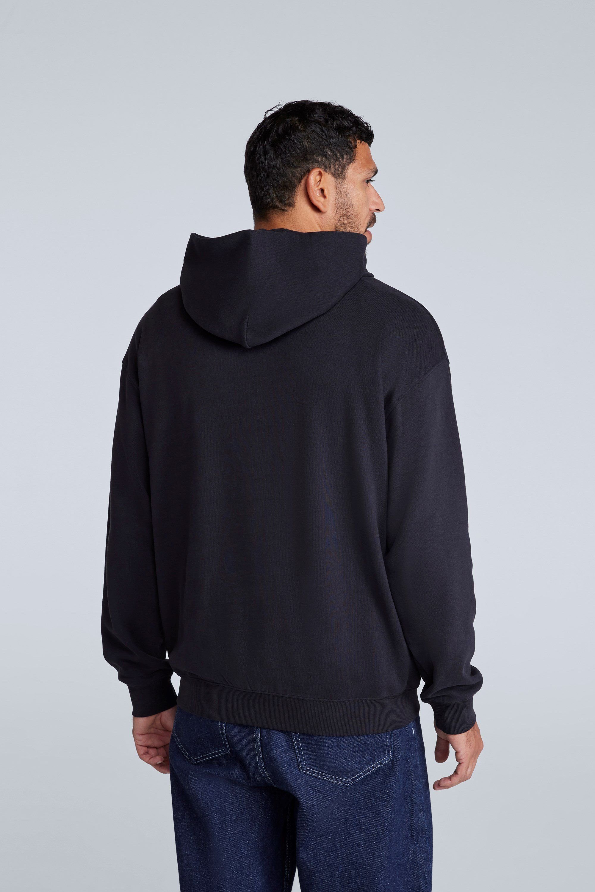 Animal Animal Men's 'Icon' Logo Print Kangaroo Pocket Cotton Snug Fit Drop Shoulder Hoody in Jet Black - 2